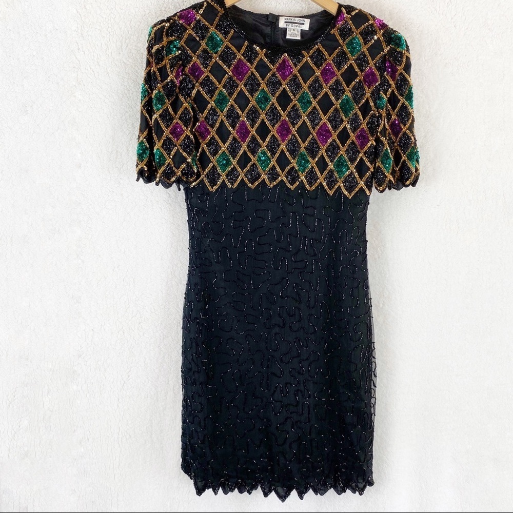 VINTAGE 100% Silk Beaded Sequin Midi Dress Small